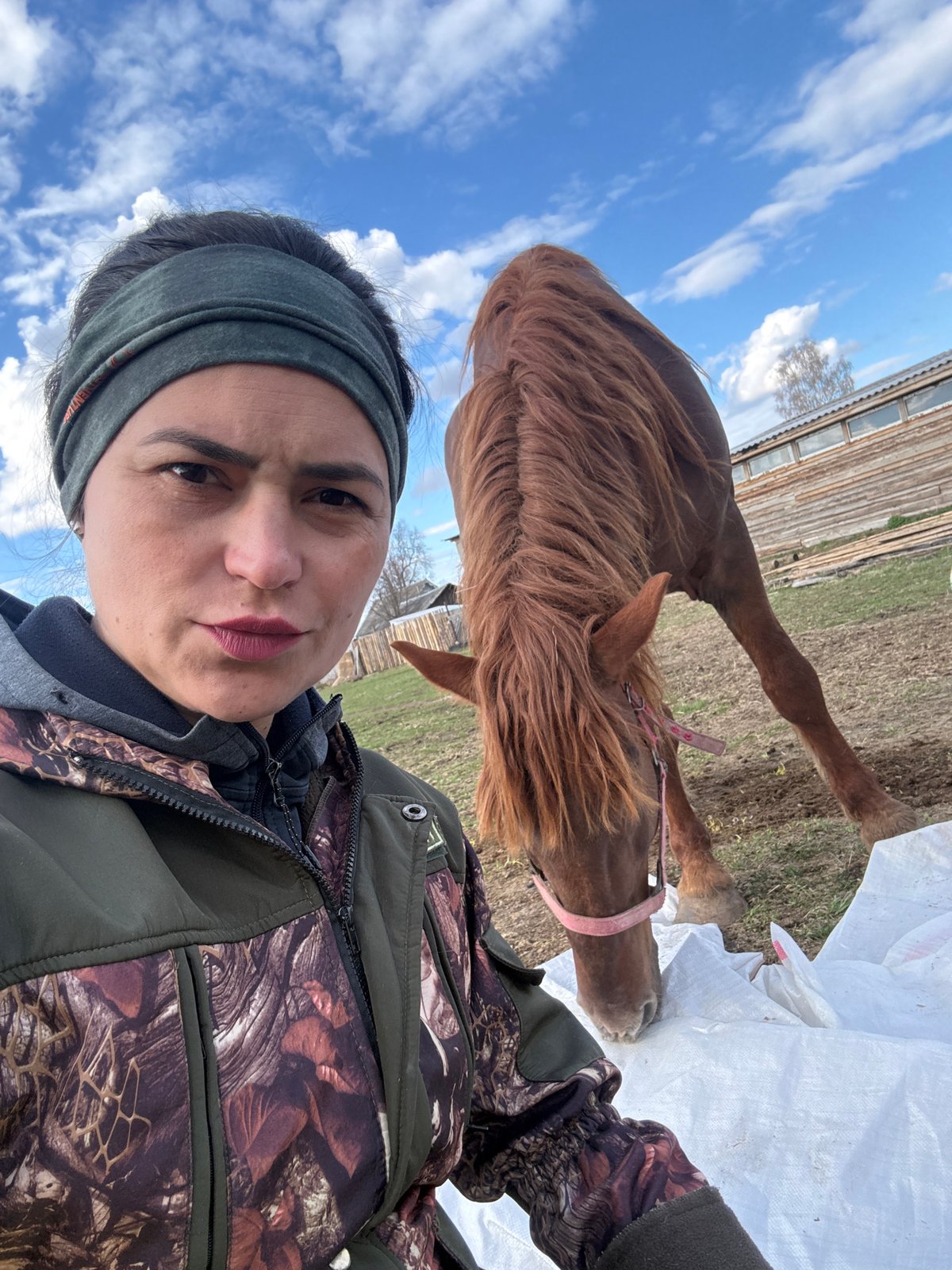 Woman documents horse interactions in rural Russian field