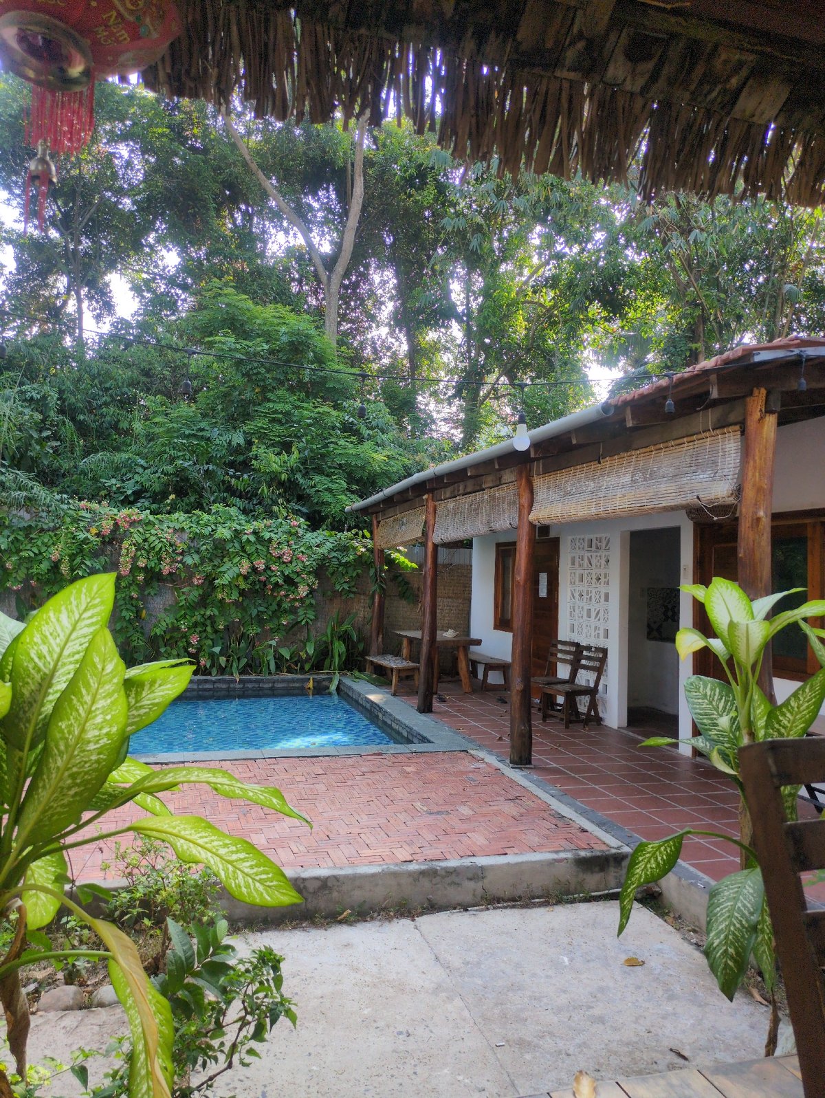 Resort scene with pool observed under thatched roof