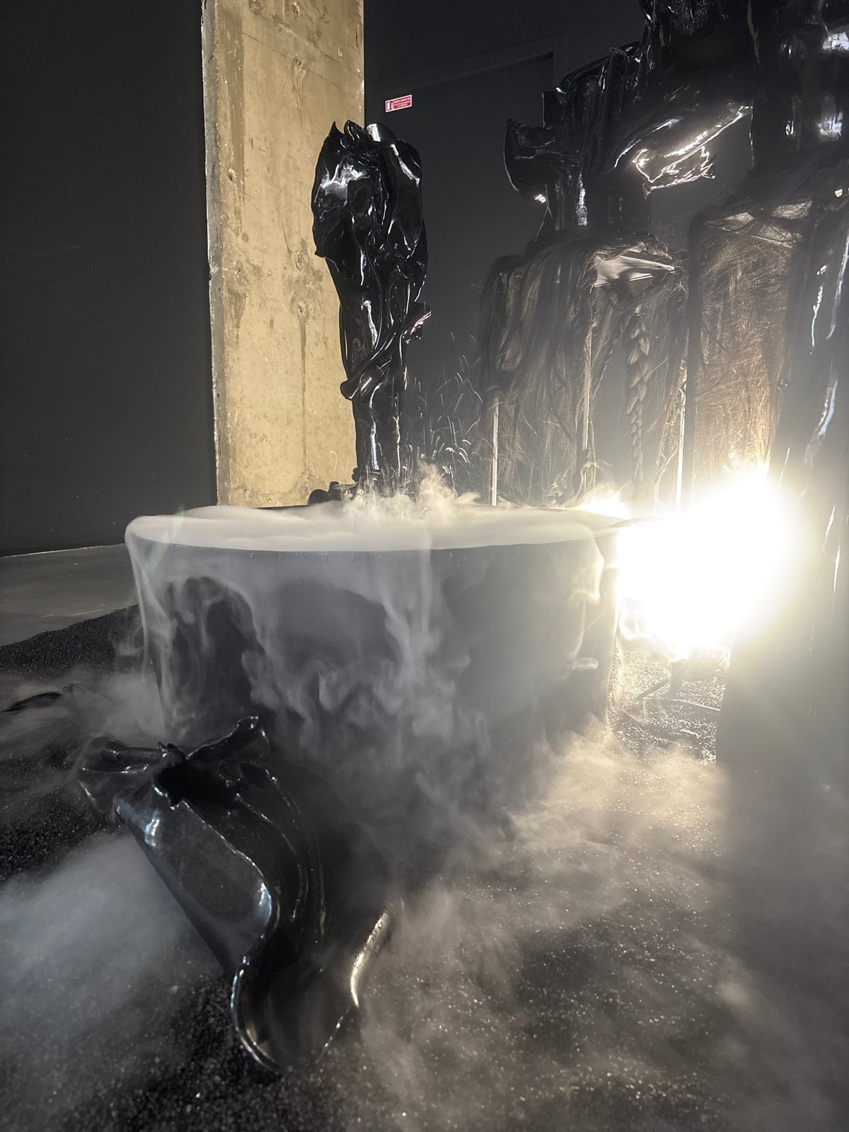 Dark reflective sculptures observed in indoor art installation
