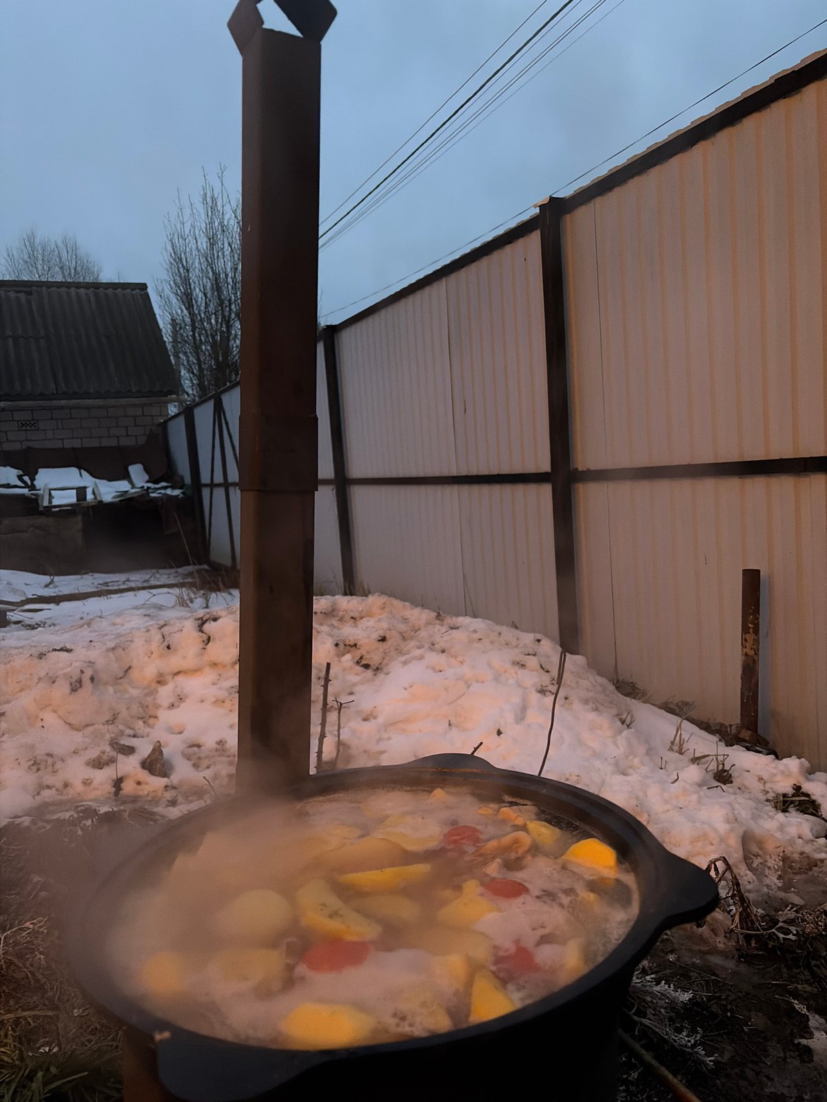 Outdoor cooking observed in snowy Pirogovo, Russia