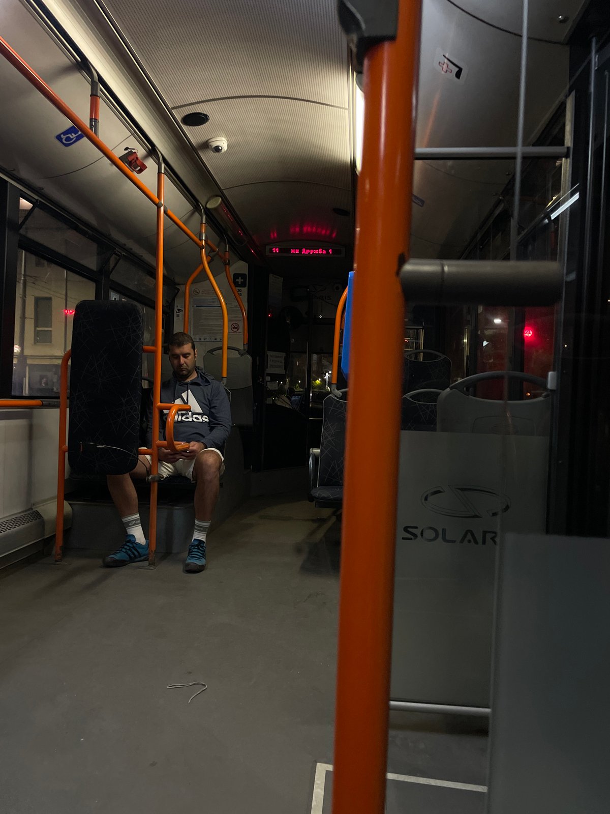 Nighttime public transport interior documented in Sofia, Bulgaria