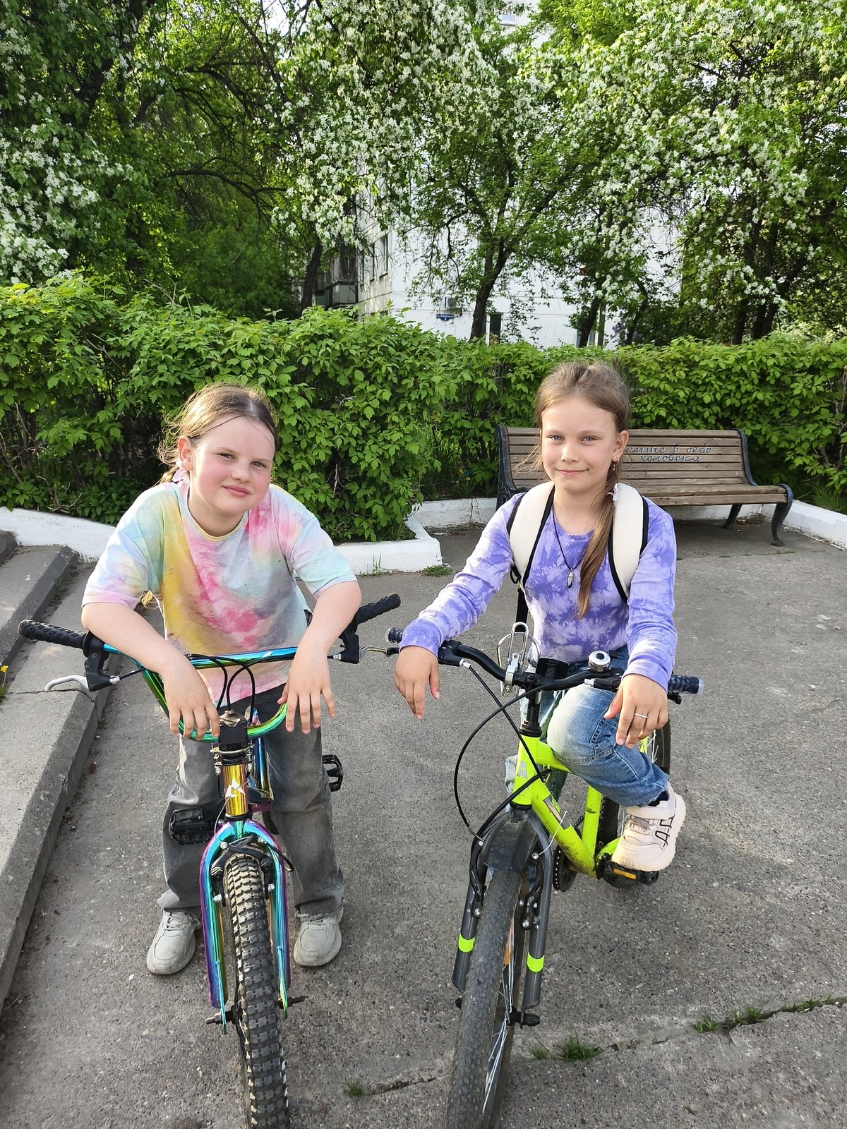 Spring afternoon captures woman with flowering trees, girls with bicycles