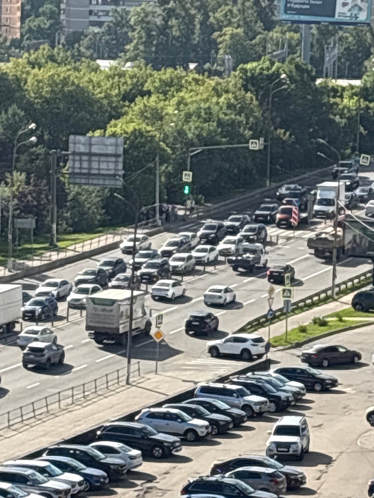 Aerial views of heavy traffic congestion in Pushkino, Russia