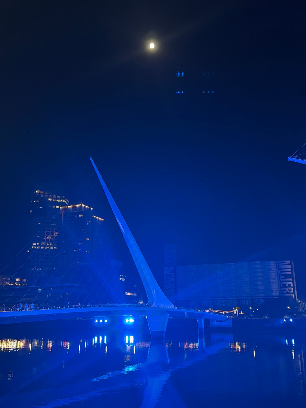 Buenos Aires Woman's Bridge glows blue in moonlit night