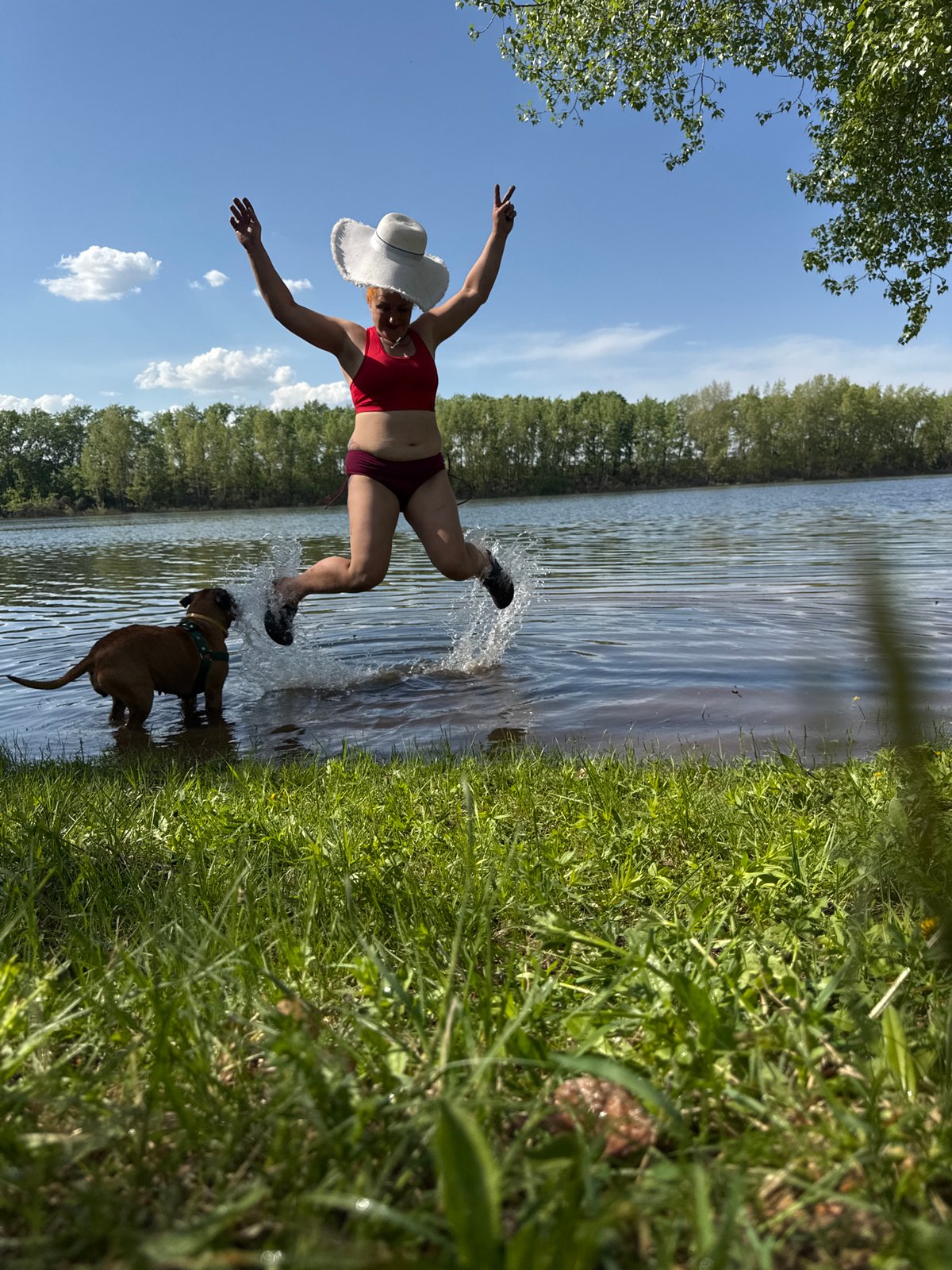Family enjoys waterside recreation with dog in Chaikovsky, Russia
