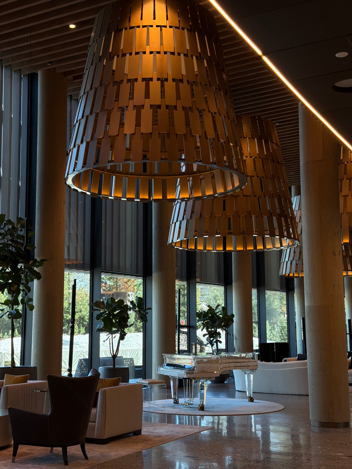 Modern interior features striking wooden ceiling art installations