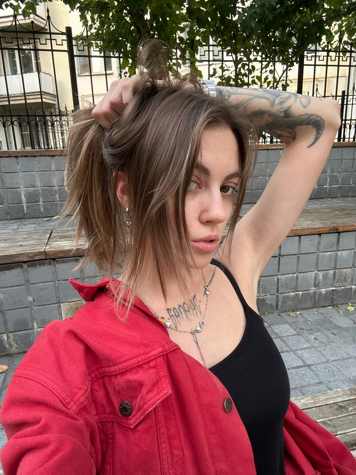 Selfie series in red denim jacket, Moscow outdoors