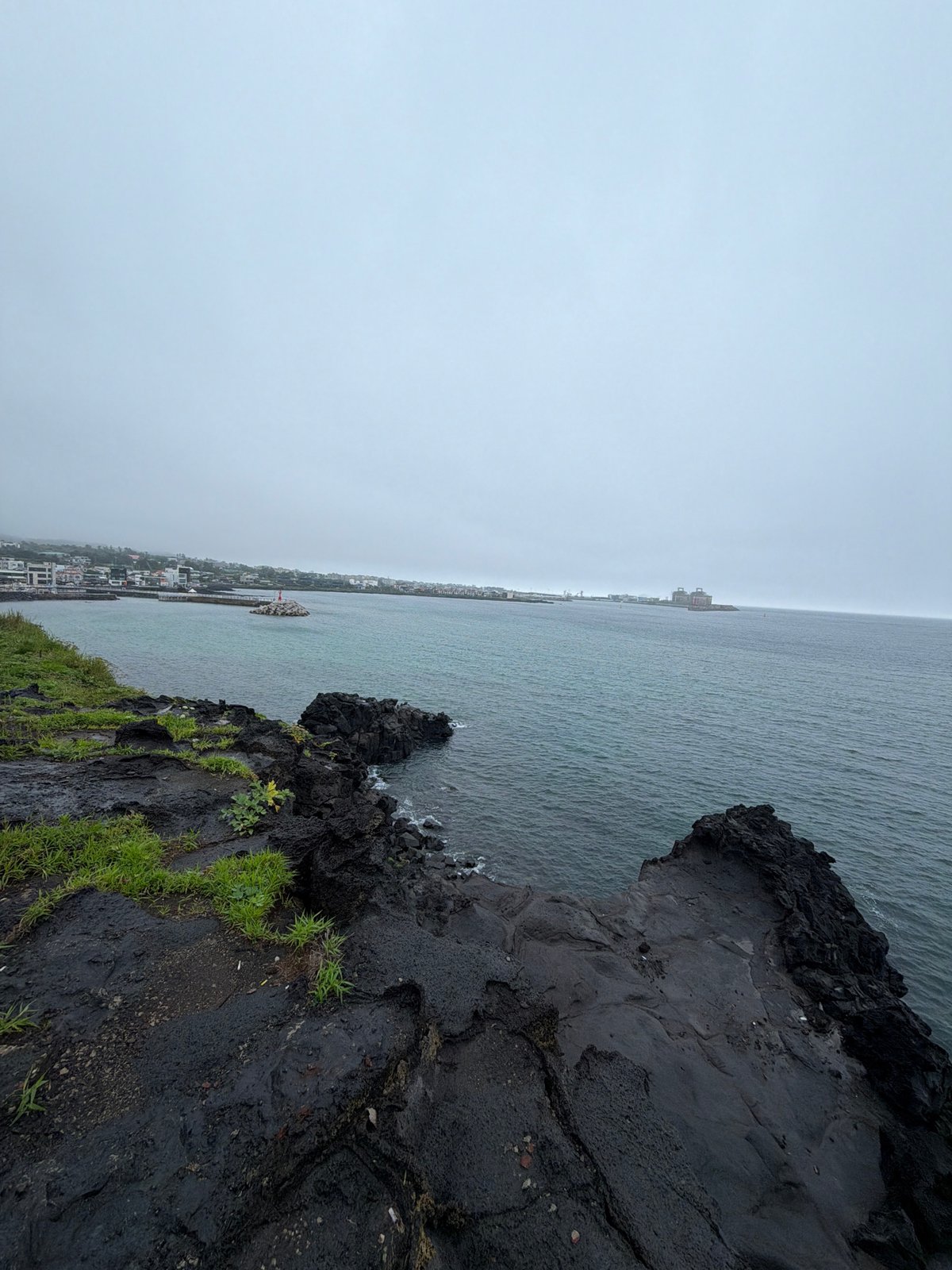 Jeju's volcanic coastline on a grey, breezy morning