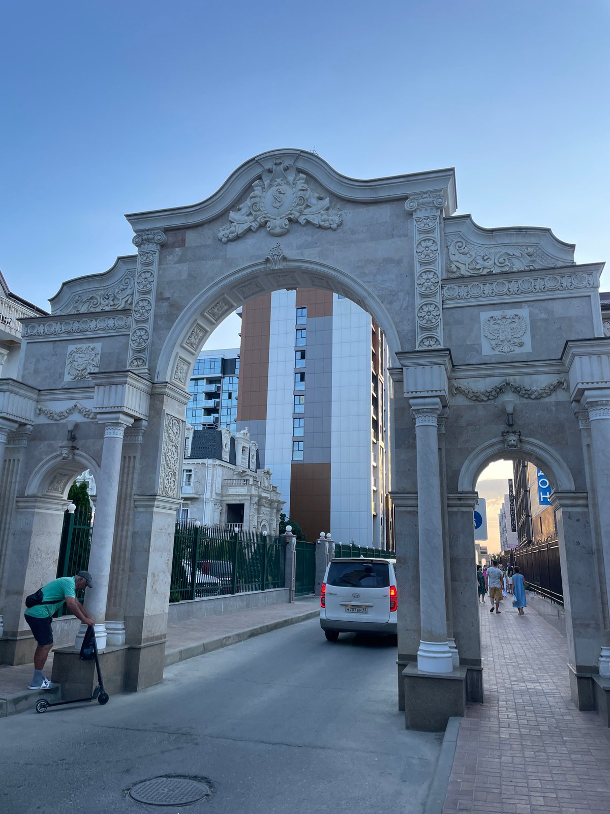Anapa's Victory Arch and summer resort scene, July afternoon
