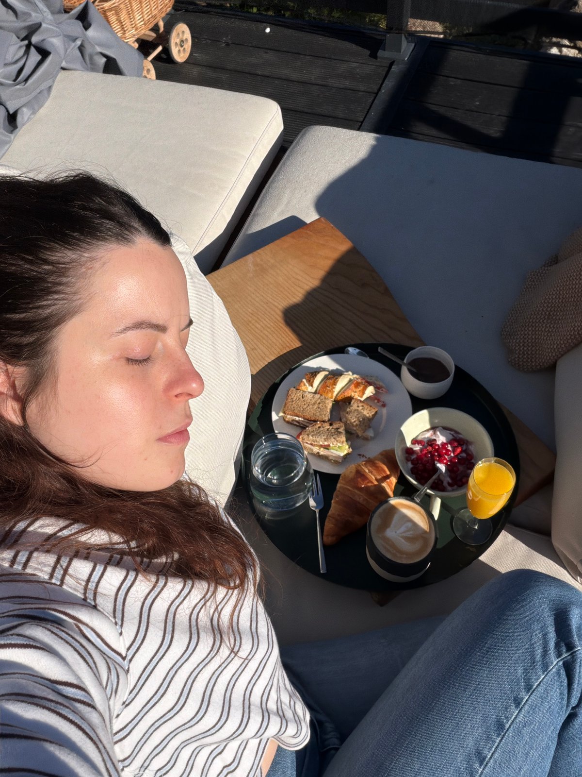 Breakfast spread on outdoor lounger in Gangloff