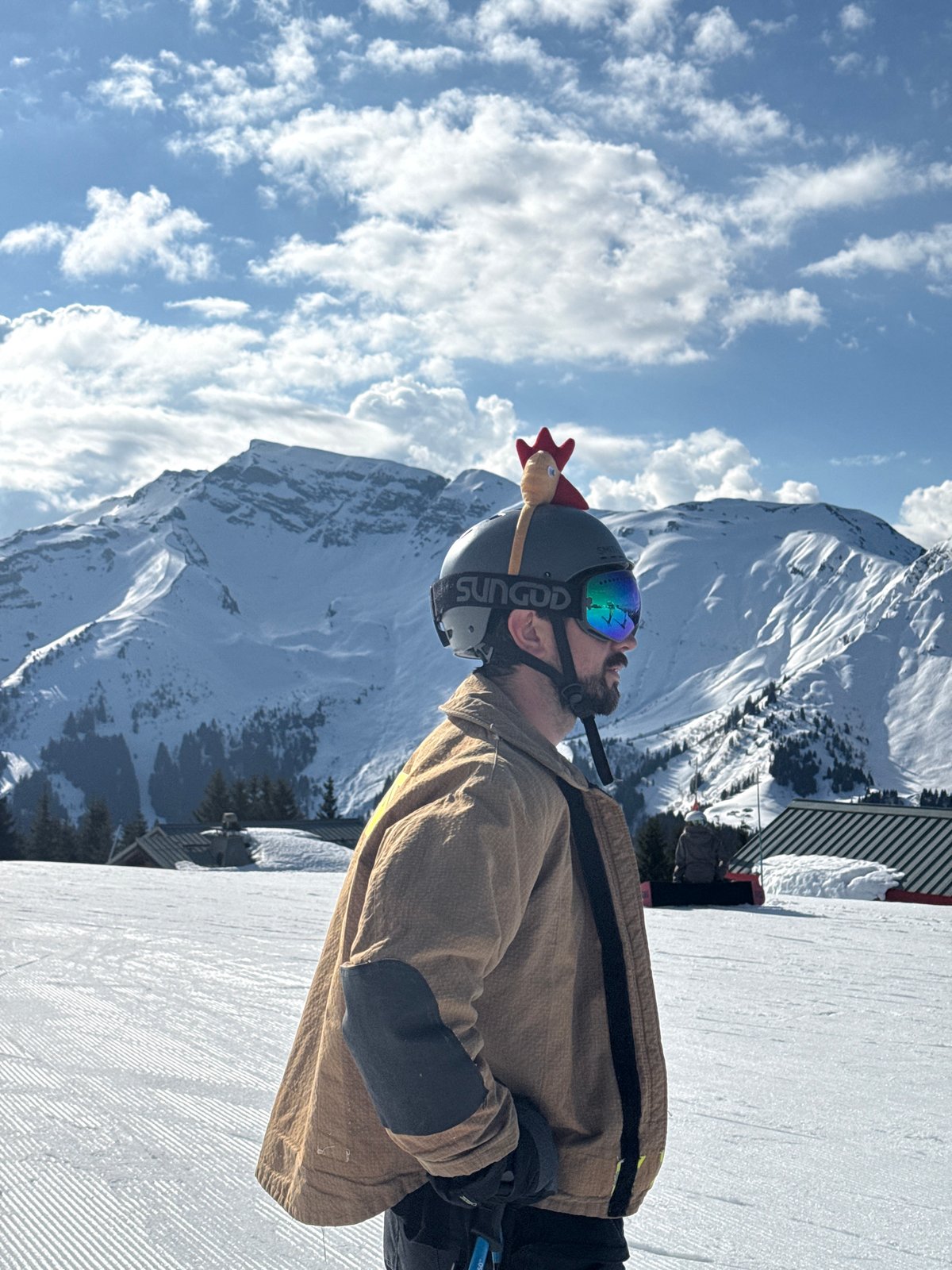 Skier spotted with novelty chicken helmet decoration at Avoriaz resort