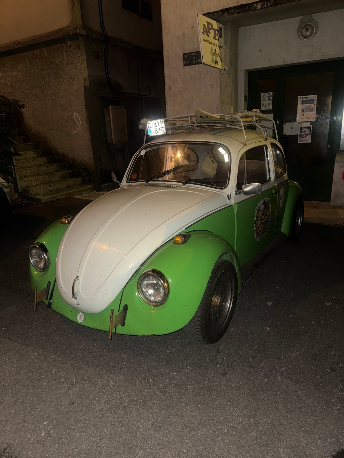 Summer night out in Saint-Claude, VW Beetle and bar terrace
