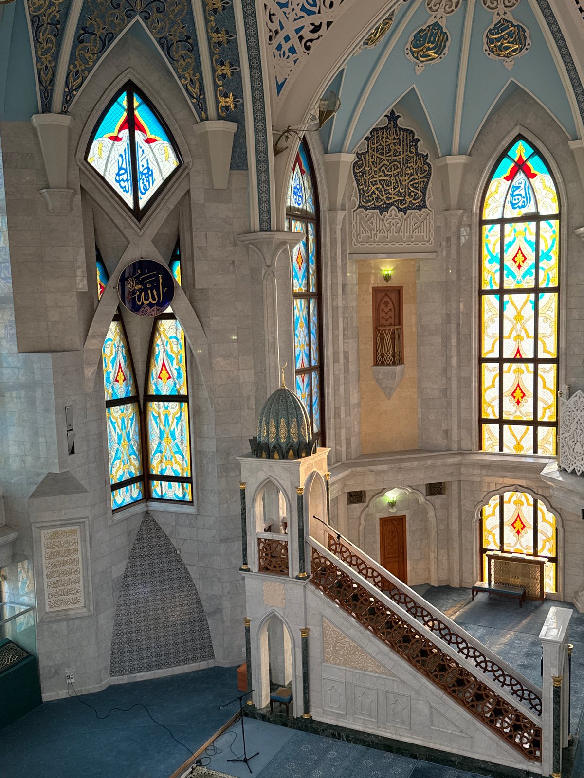 Inside Kul Sharif Mosque: domes, stained glass, and carved details