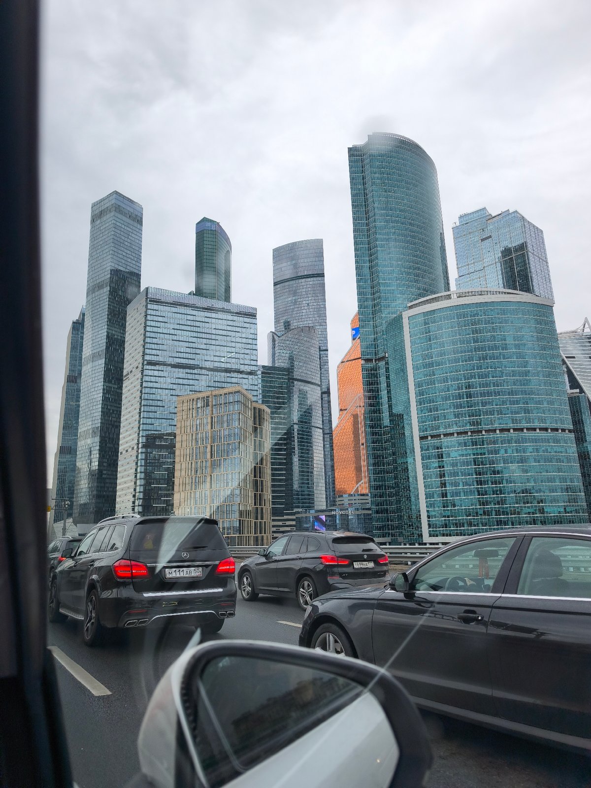 Moscow commuter documents city skyline views during afternoon travel