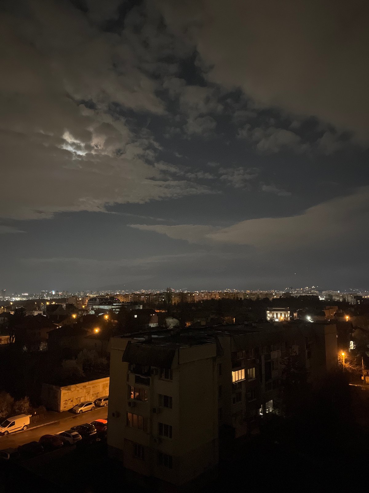 Spring blossoms bloom on Sofia rooftop under cloudy night sky