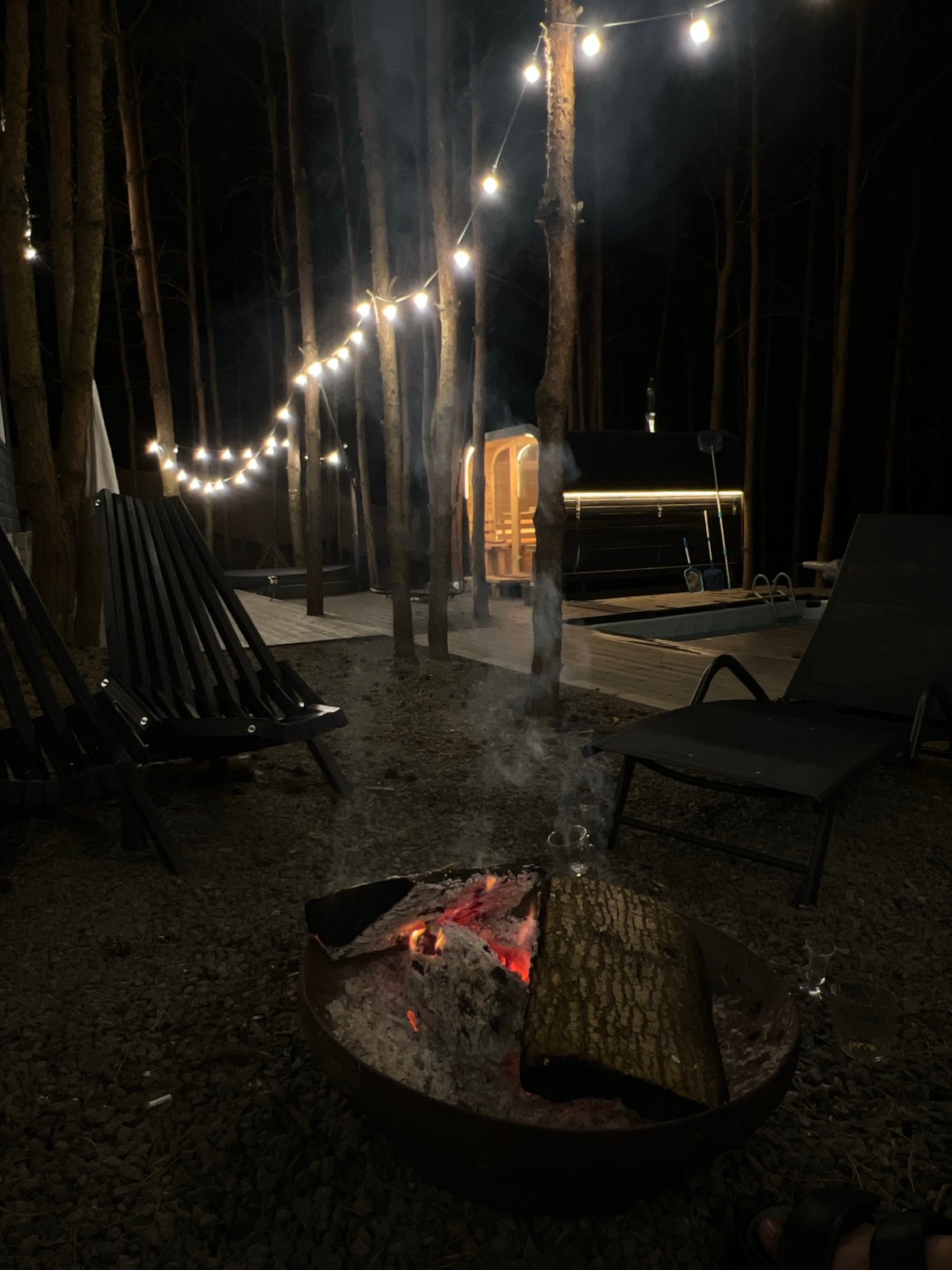 Late-night sauna and fire pit hangout in rural Ukraine