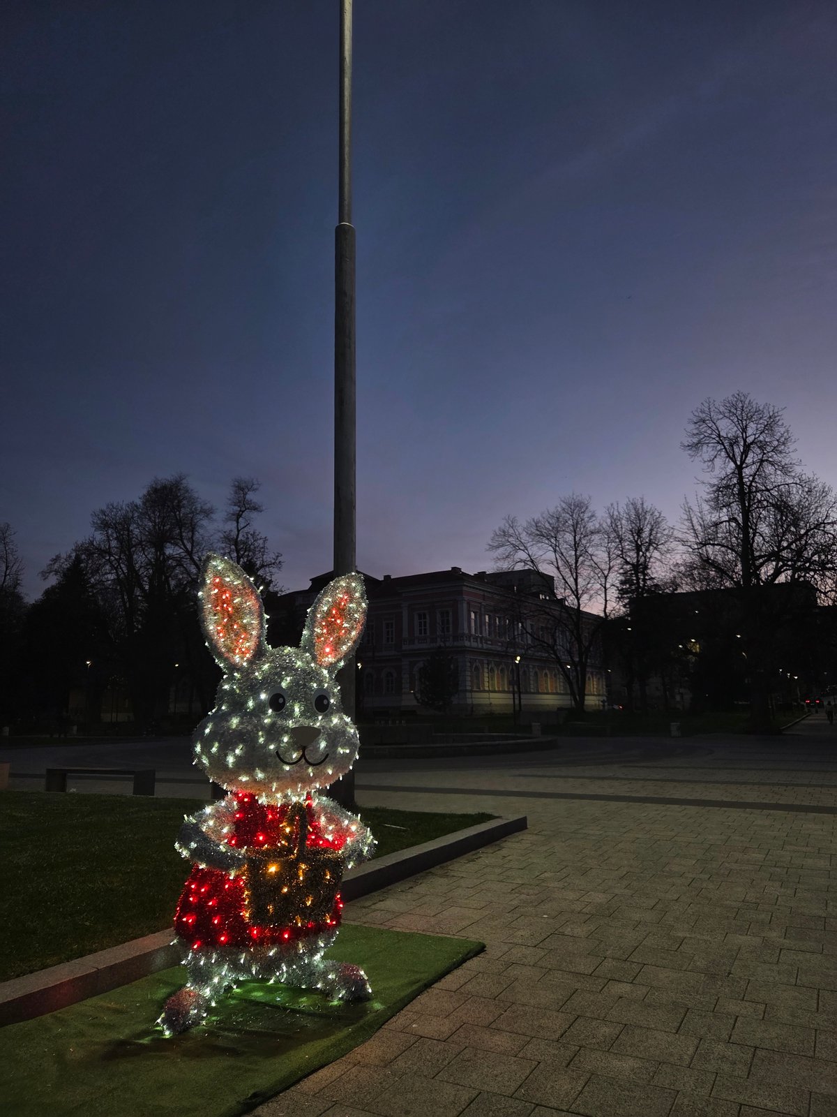 Lighted Easter bunny decoration spotted on Pleven sidewalk