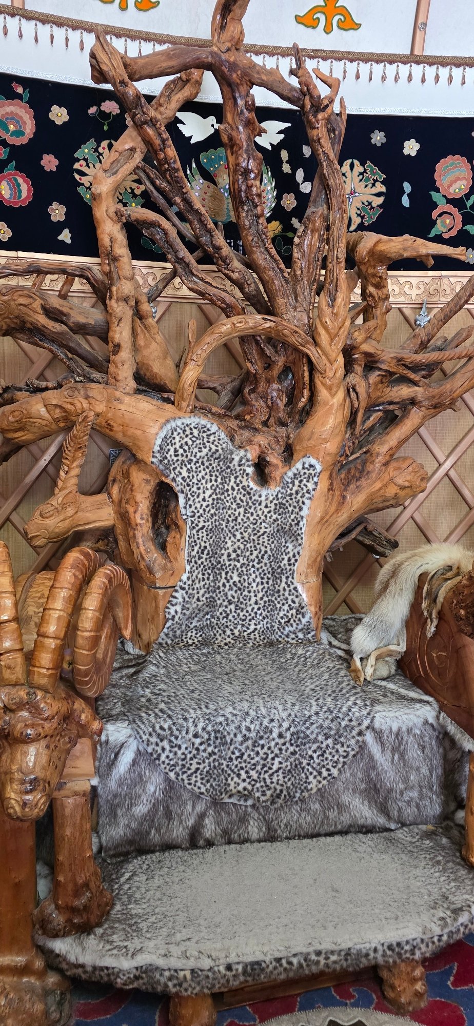 Inside a richly decorated yurt in Kyrgyzstan