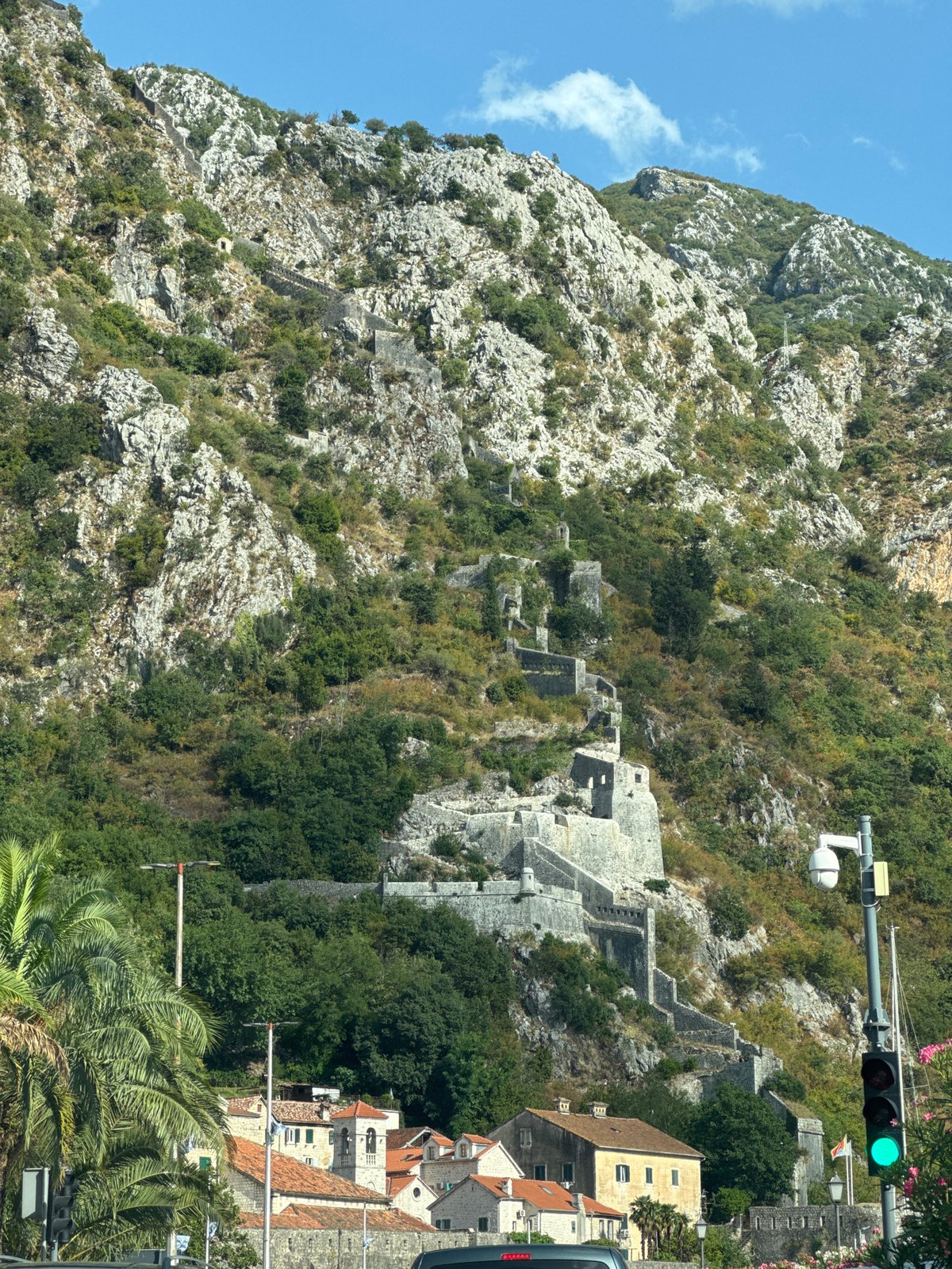 Kotor's waterfront and fortress walls on a summer afternoon