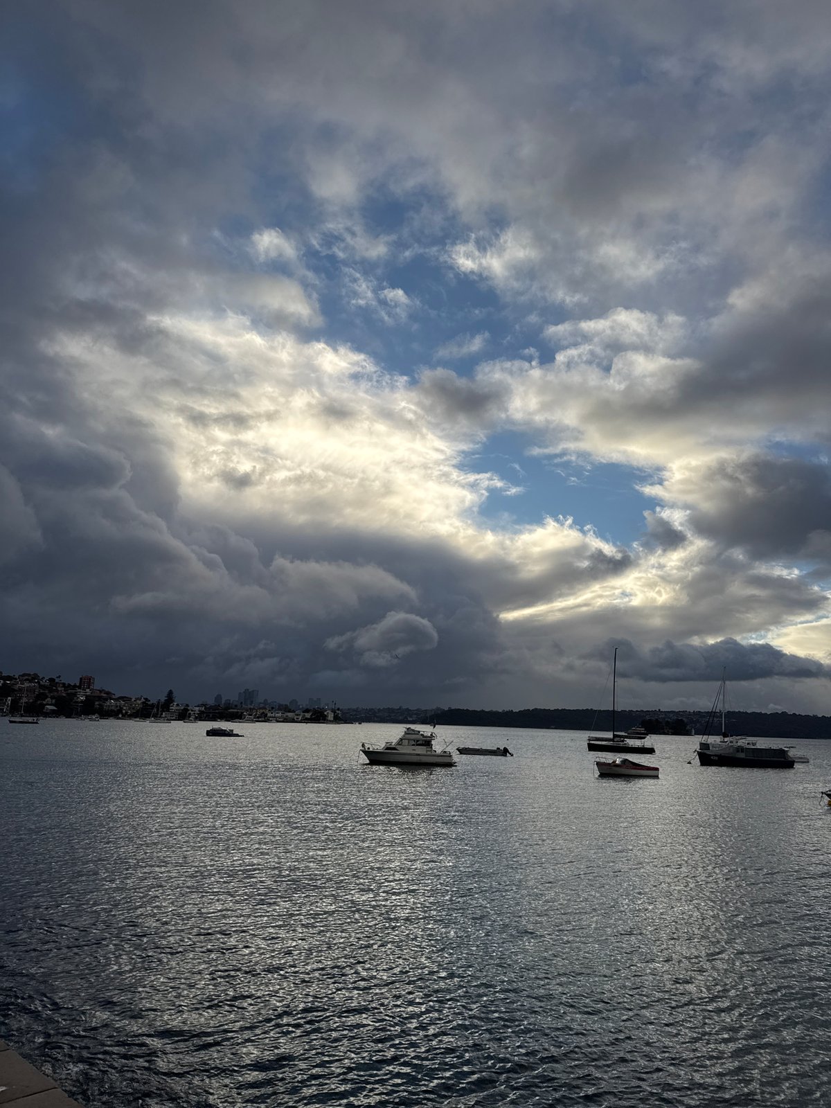 Sydney Harbour under heavy skies, seaplane docked at the pier