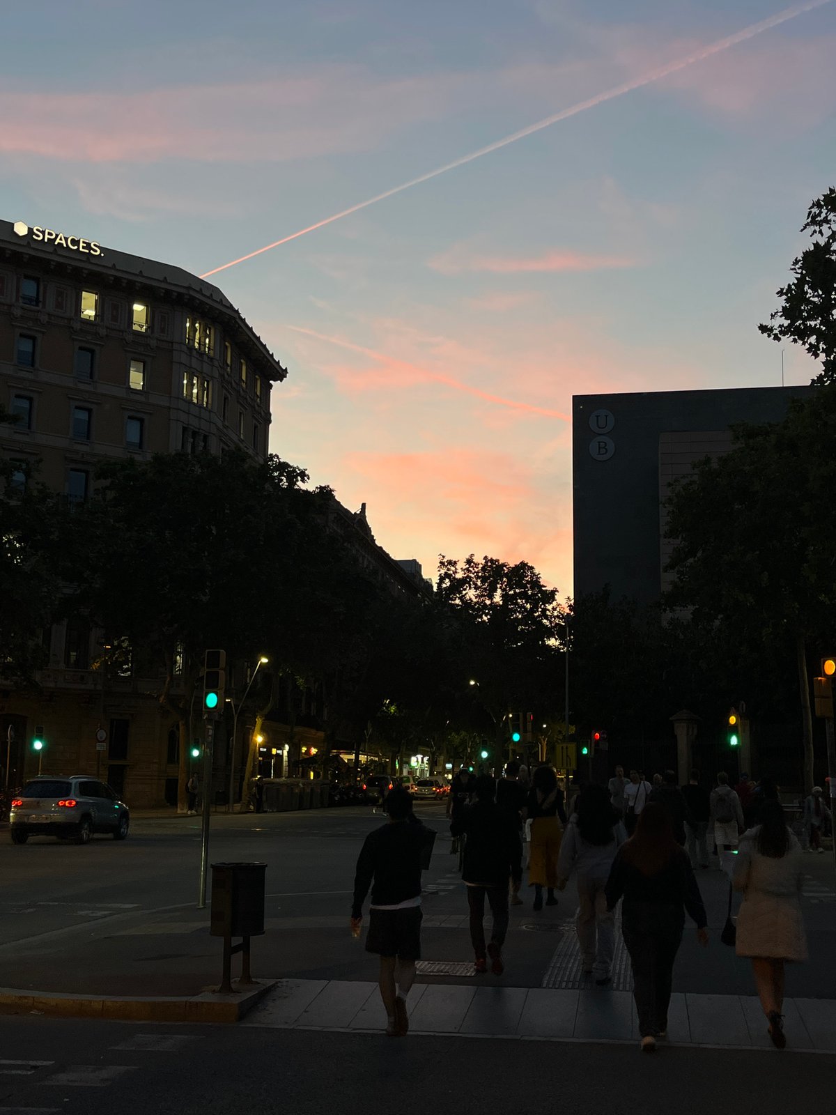 Evening life documented: sunset crosswalks, crescent moon, dinner preparations