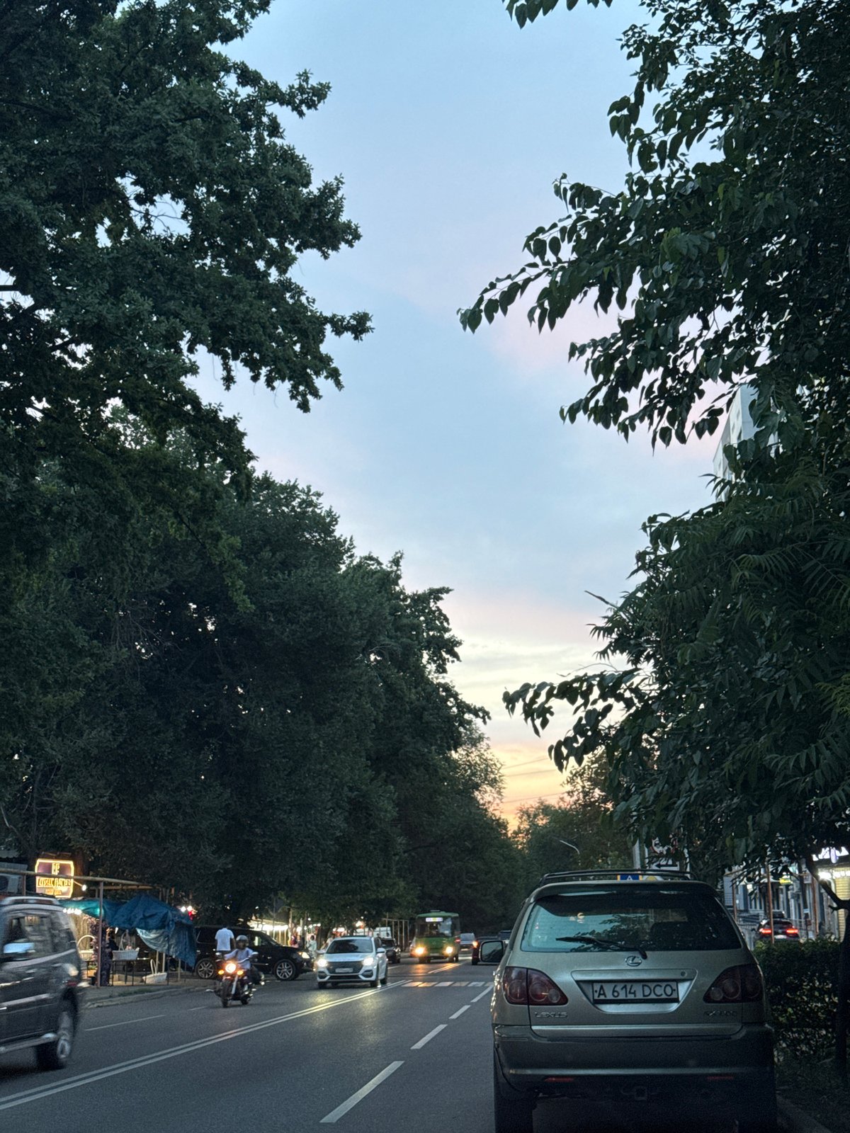 Evening drive through Almaty streets, captured from inside a Kia