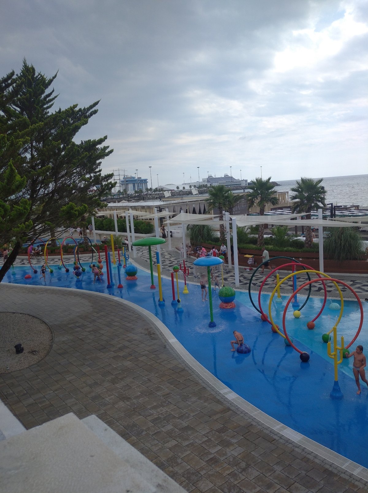 Sochi's Riviera Park and Black Sea waterfront on a cloudy summer morning