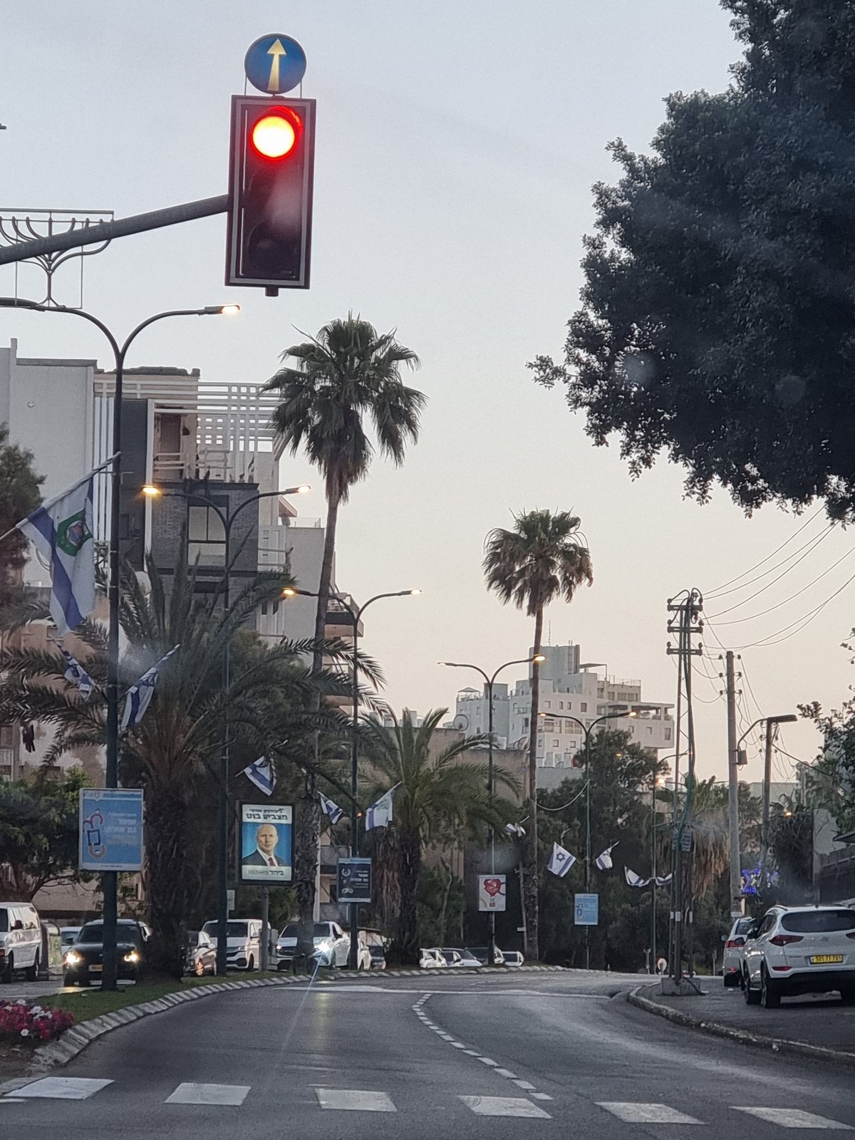 Tel Aviv street scene shows flag-decorated palm-lined roadway