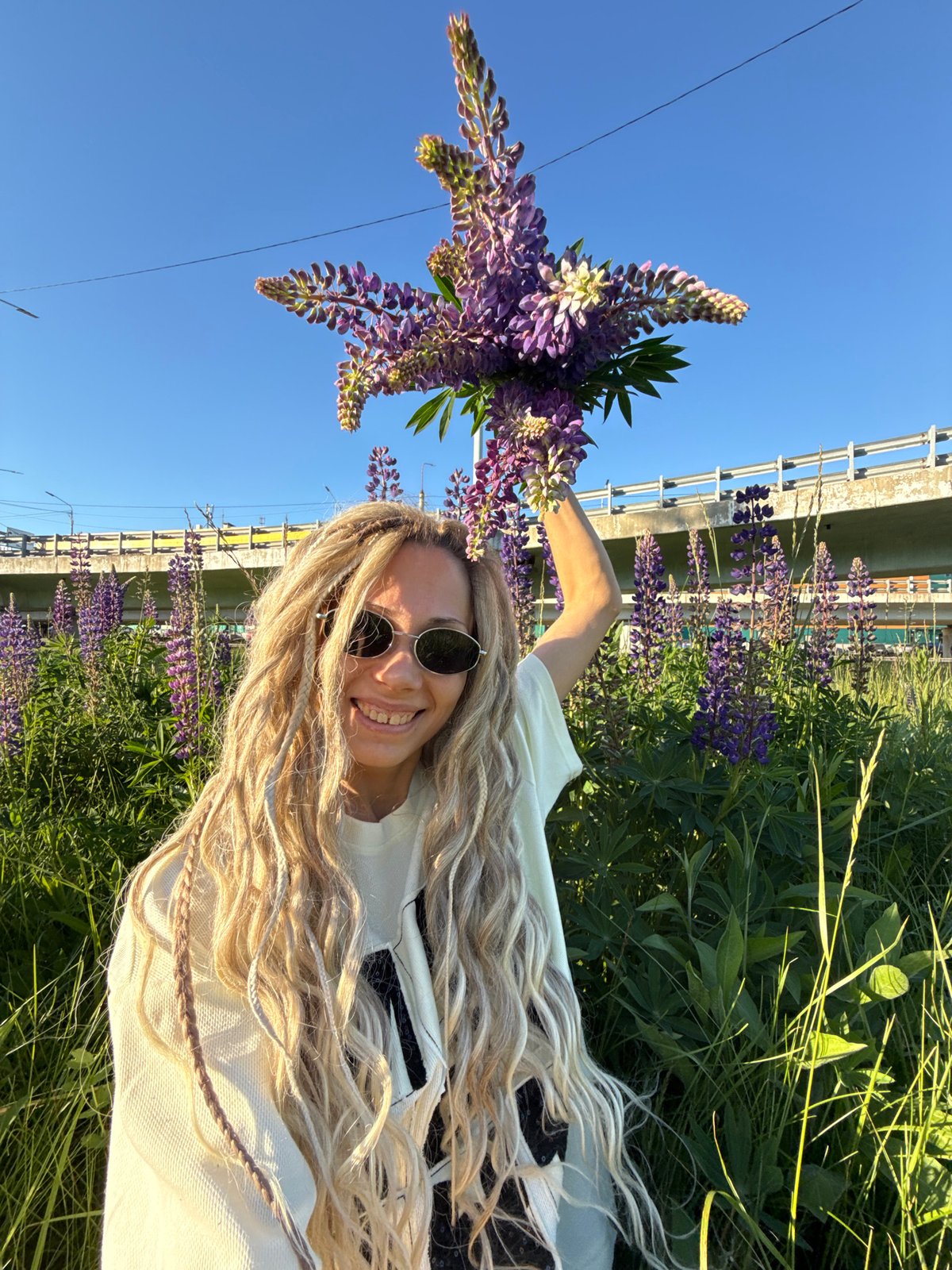 Woman poses for selfies in Russian lupine flower field