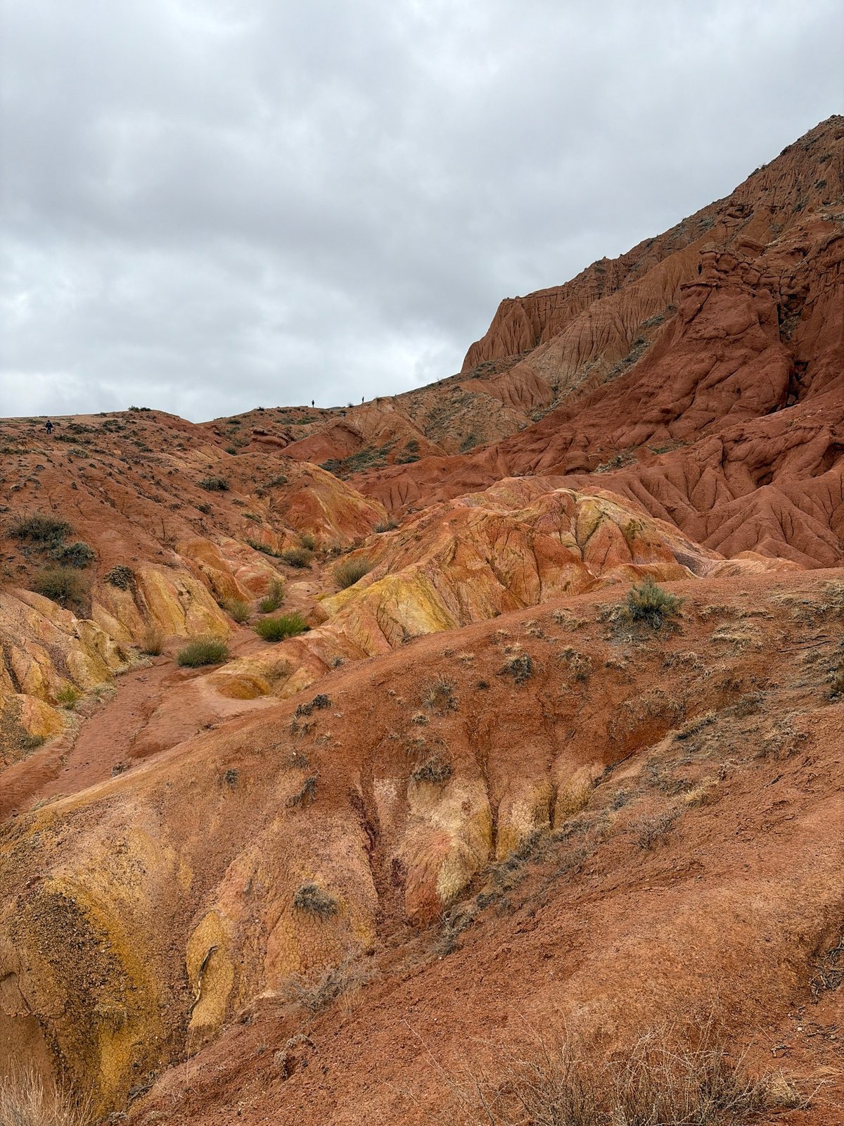 Tourist documents Fairytale Canyon rock formations in Tosor, Kyrgyzstan