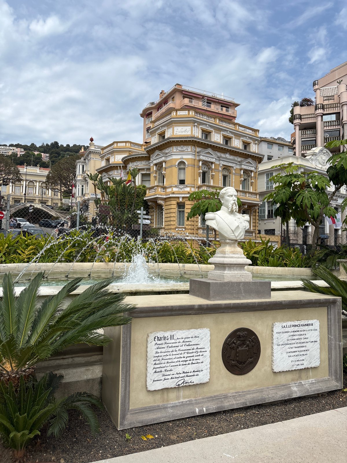 Tourist documents Monaco landmarks including casino renovation, gardens, Charles III monument