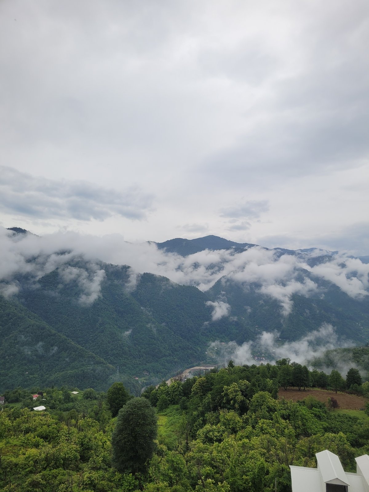 Morning views from a balcony in misty Milisi, Georgia