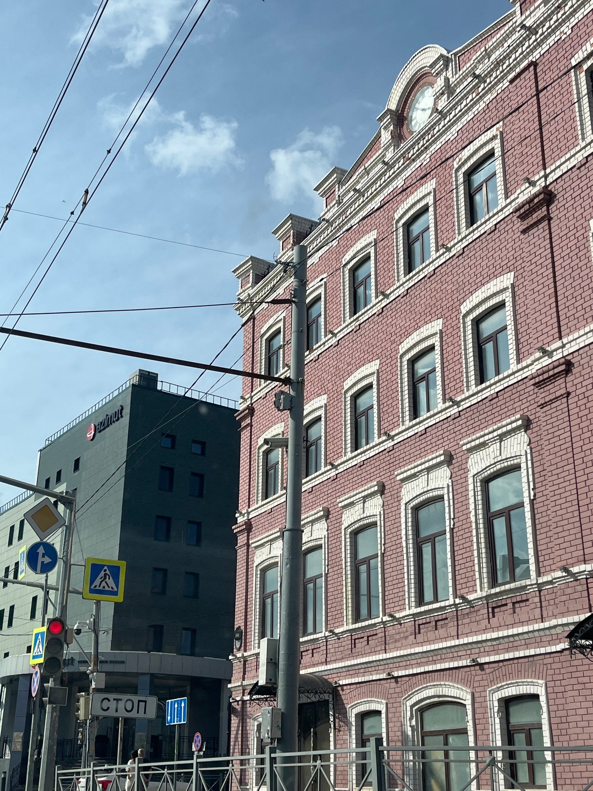 Historic pink brick building on Kazan street