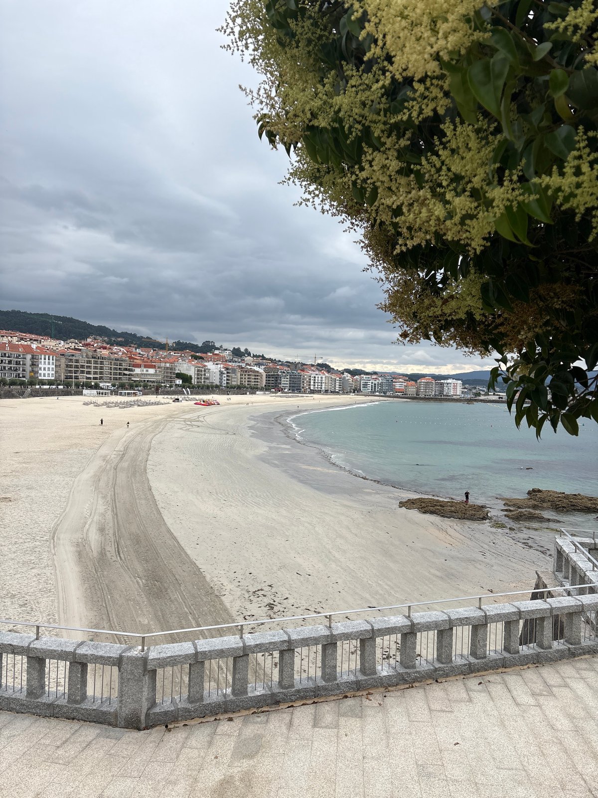 Sanxenxo beach and port on a cloudy July morning
