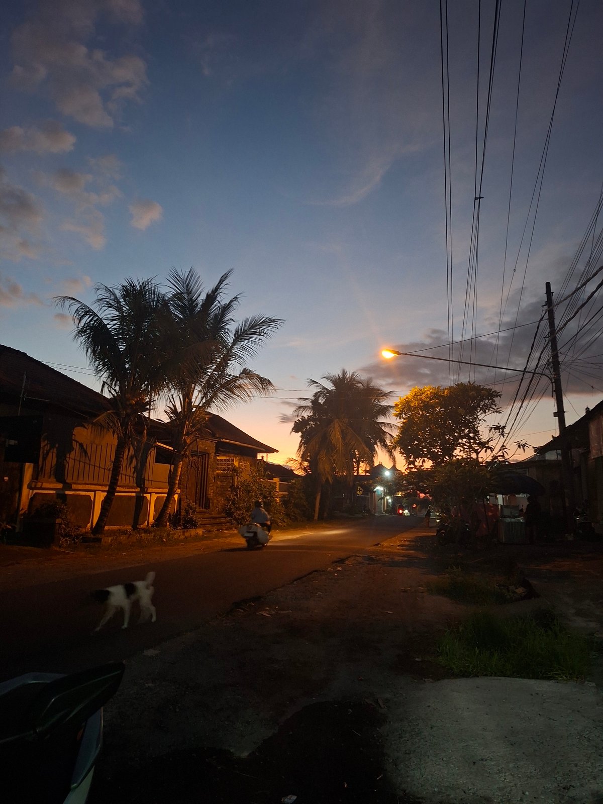 Twilight street scene captured in Blahbatuh, Indonesia