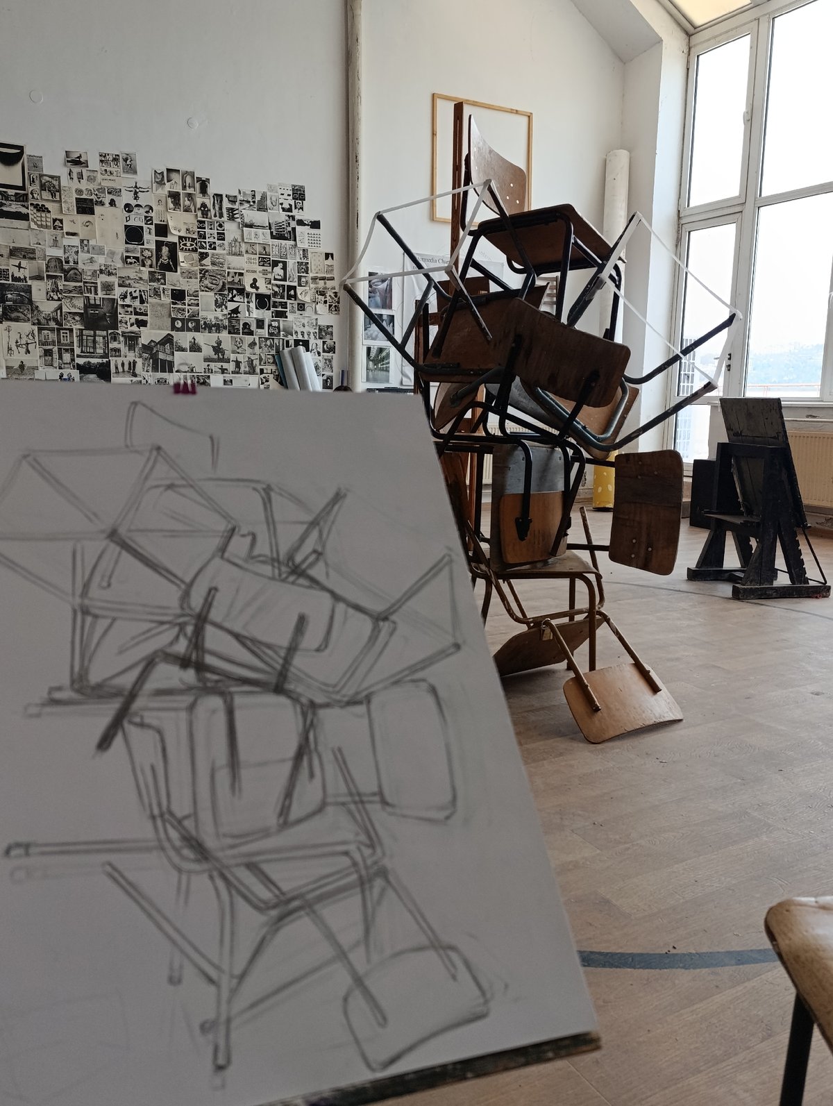 Artist's studio documented with works in progress in Bulgaria