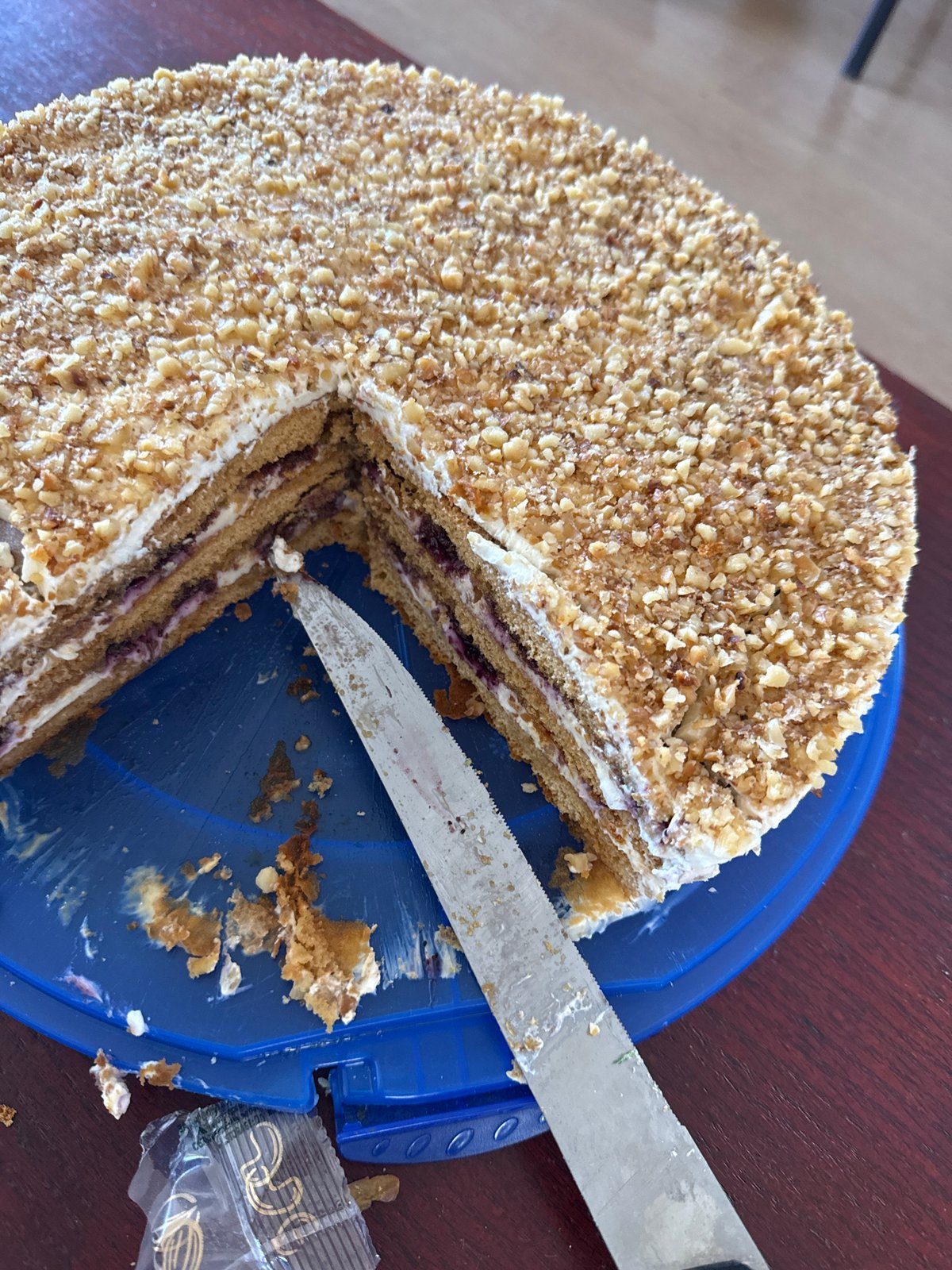 Layered cake served during afternoon gathering in Sofia