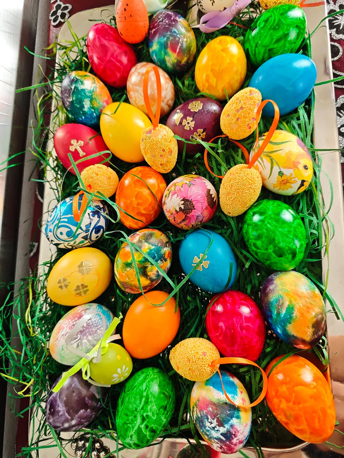 Easter eggs displayed on ornate silver tray in Plovdiv