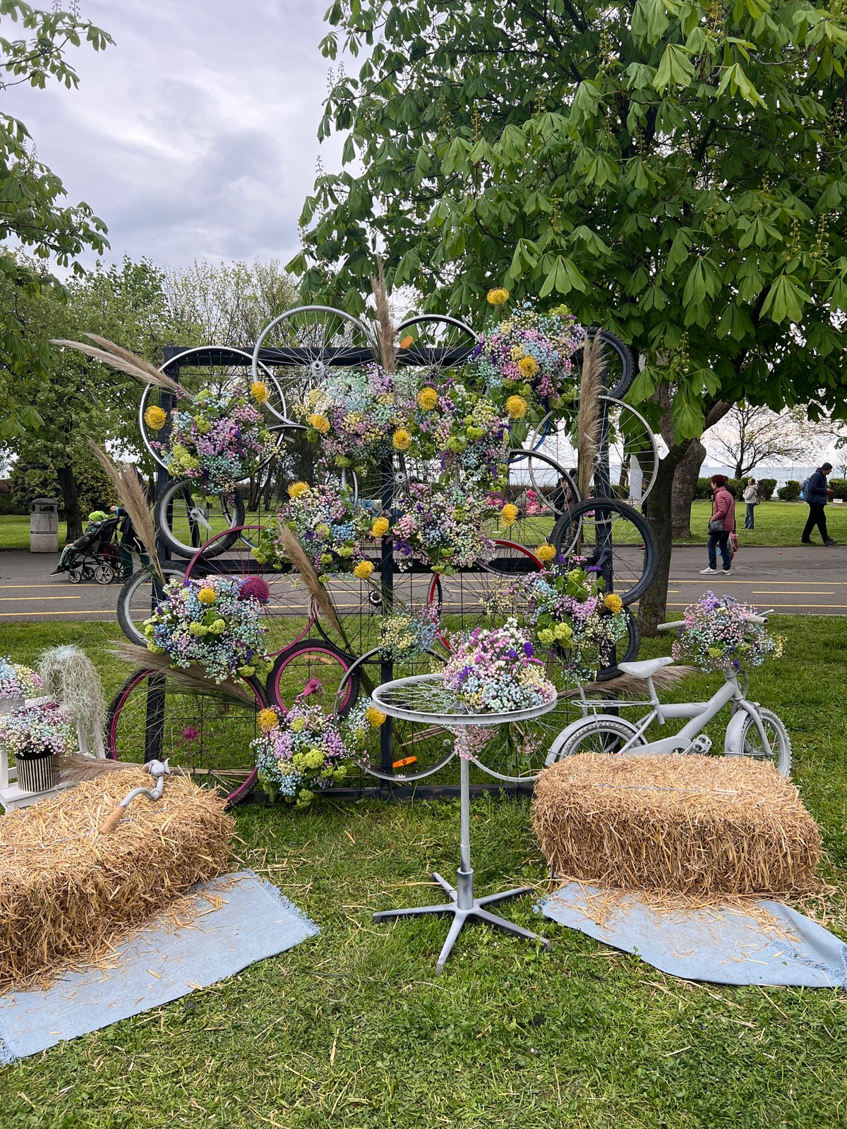 Floral art exhibition features decorated bicycles and archways in Burgas
