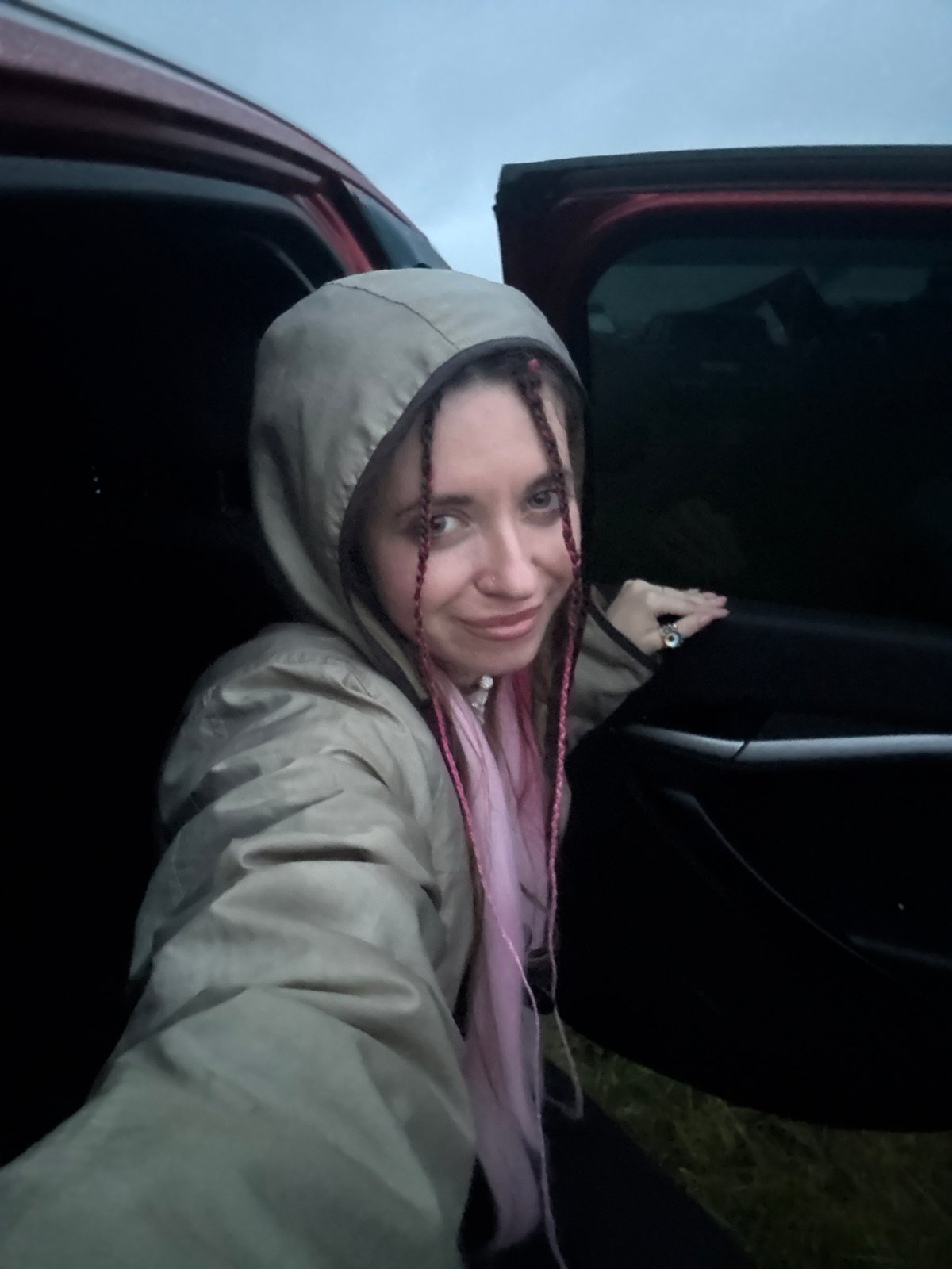 Live festival set, muddy fields, crowd flags, and a purple-haired frontperson