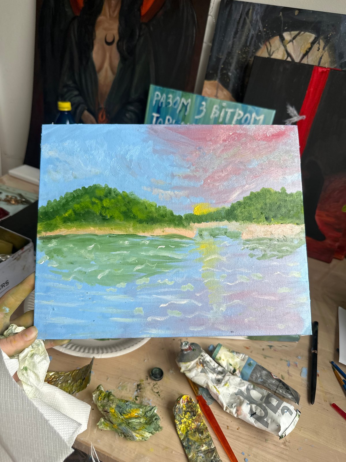 Inside a working Prague art studio, paintings in progress