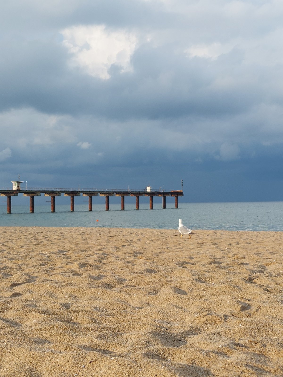 Shkorpilovtsi beach and pier on a cloudy Black Sea afternoon