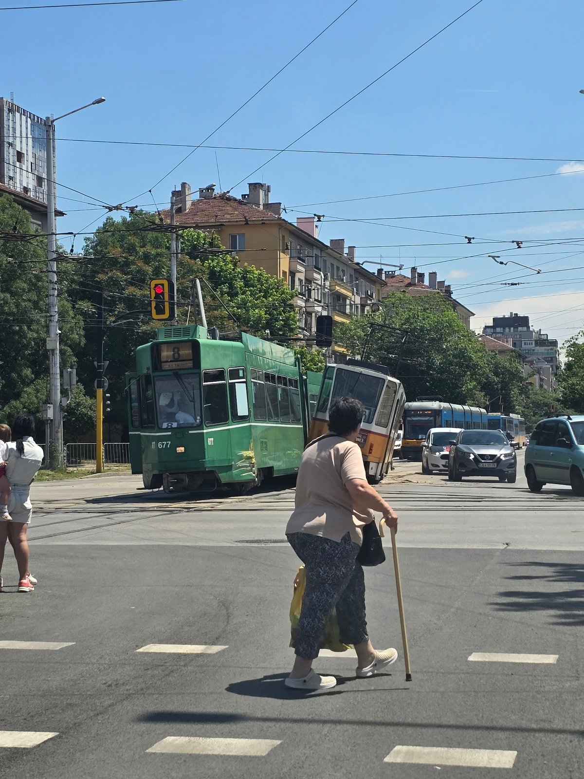 Two-tram collision leaves one car tilted in Sofia intersection