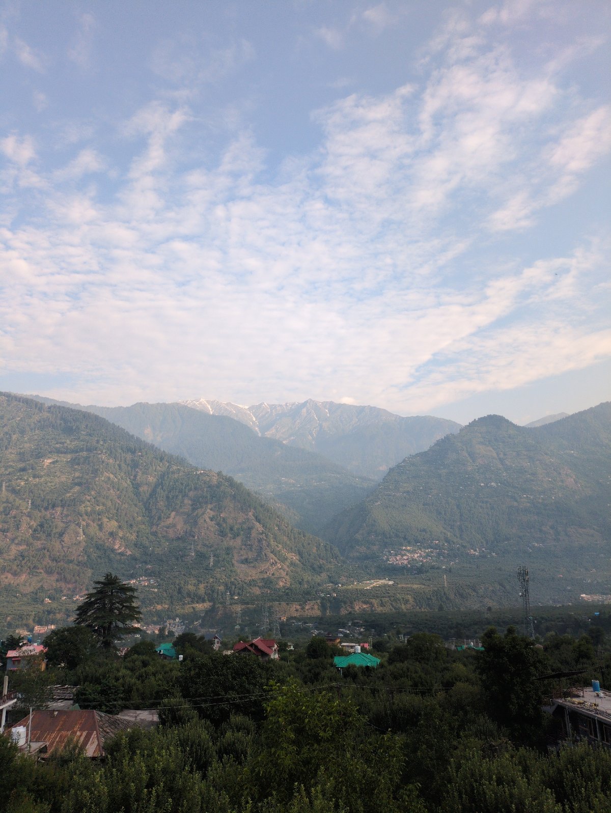 Snow-capped peaks and green valleys above Naggar, Himachal Pradesh
