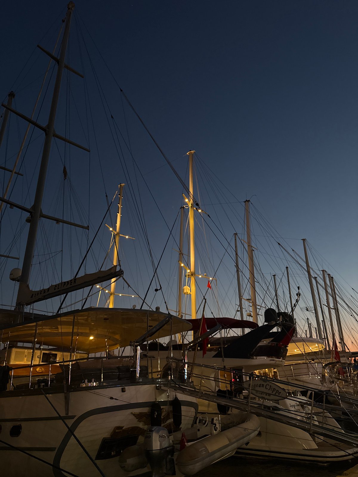 Bodrum harbor at dusk, boats lit up along the quay