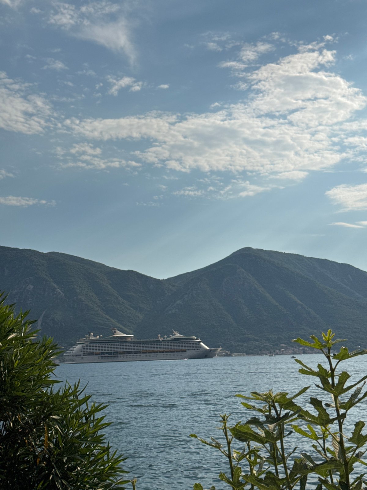 Cruise ship anchored in the calm Bay of Kotor