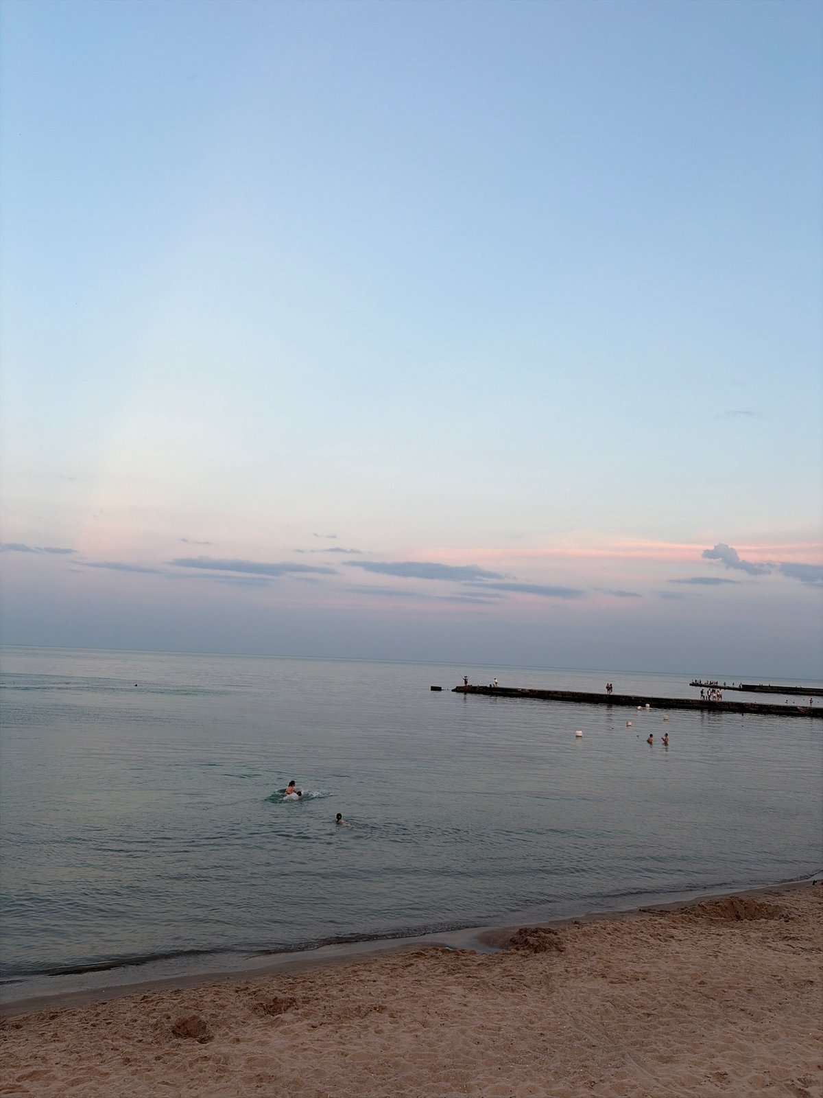 Odesa waterfront at dusk: beach, promenade, and a dog out for a walk