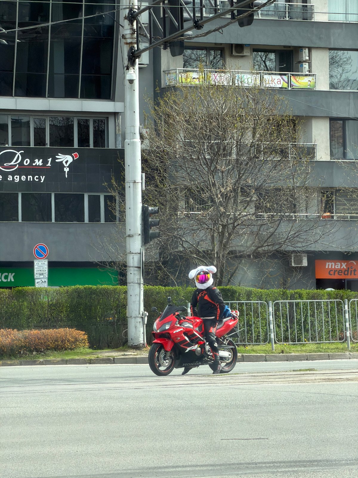 Motorcyclist in novelty helmet spotted on Sofia street