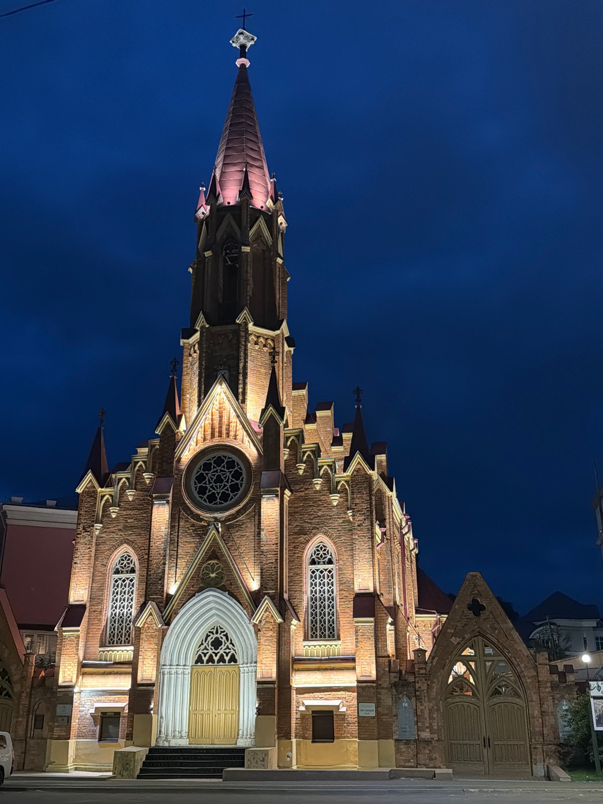 Irkutsk churches photographed side by side at night
