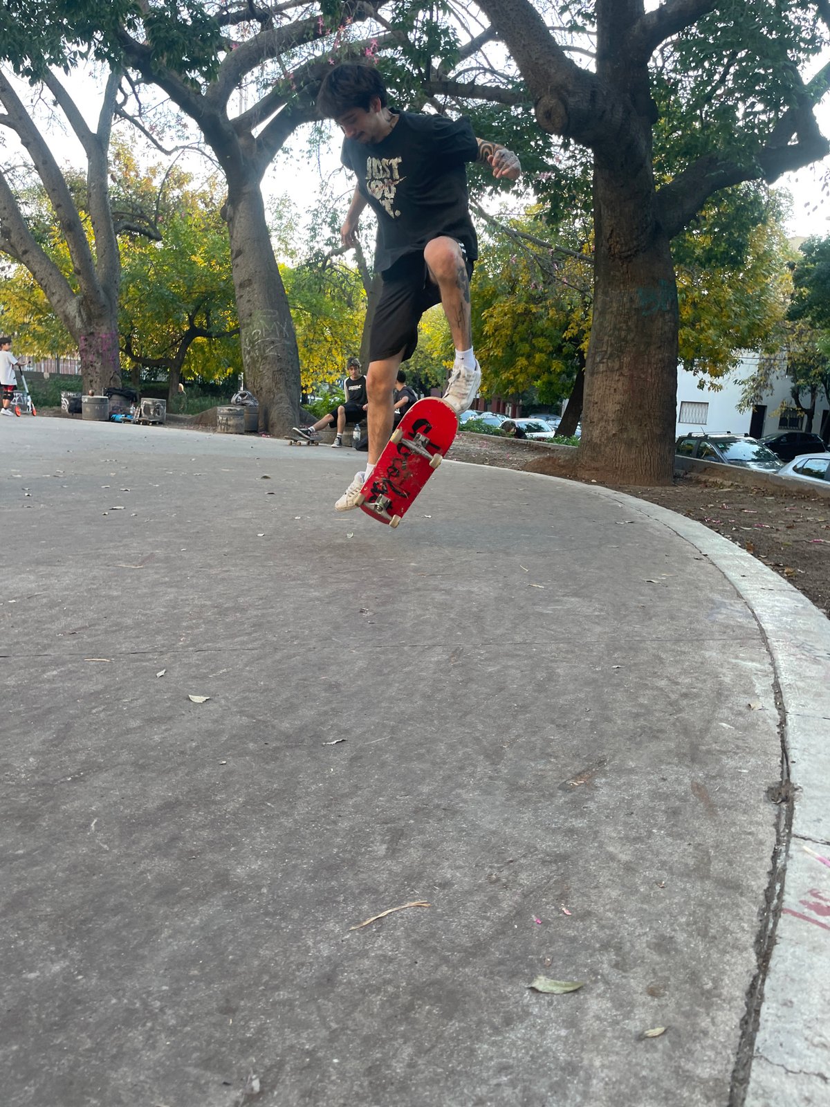 Skateboarder performs aerial tricks at Buenos Aires park